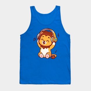 Cute Lion Listening Music With Headphone Cartoon Tank Top